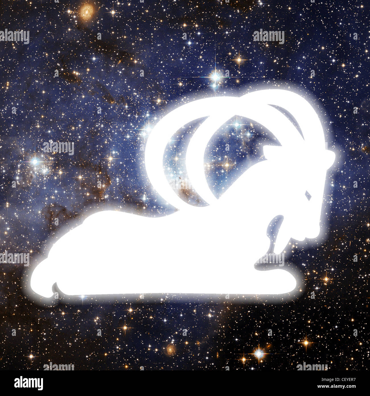 An illustration of a white silhouetted resting goat, set against a background of space filled with stars Stock Photo