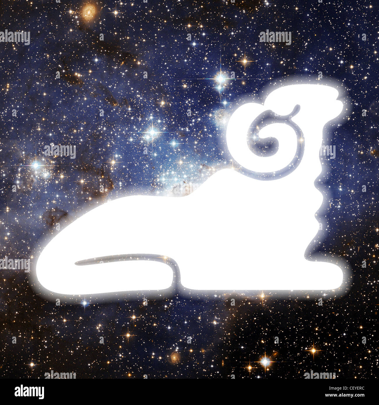 An illustration of a white silhouette of a resting ram, set against a background of space filled with stars Stock Photo