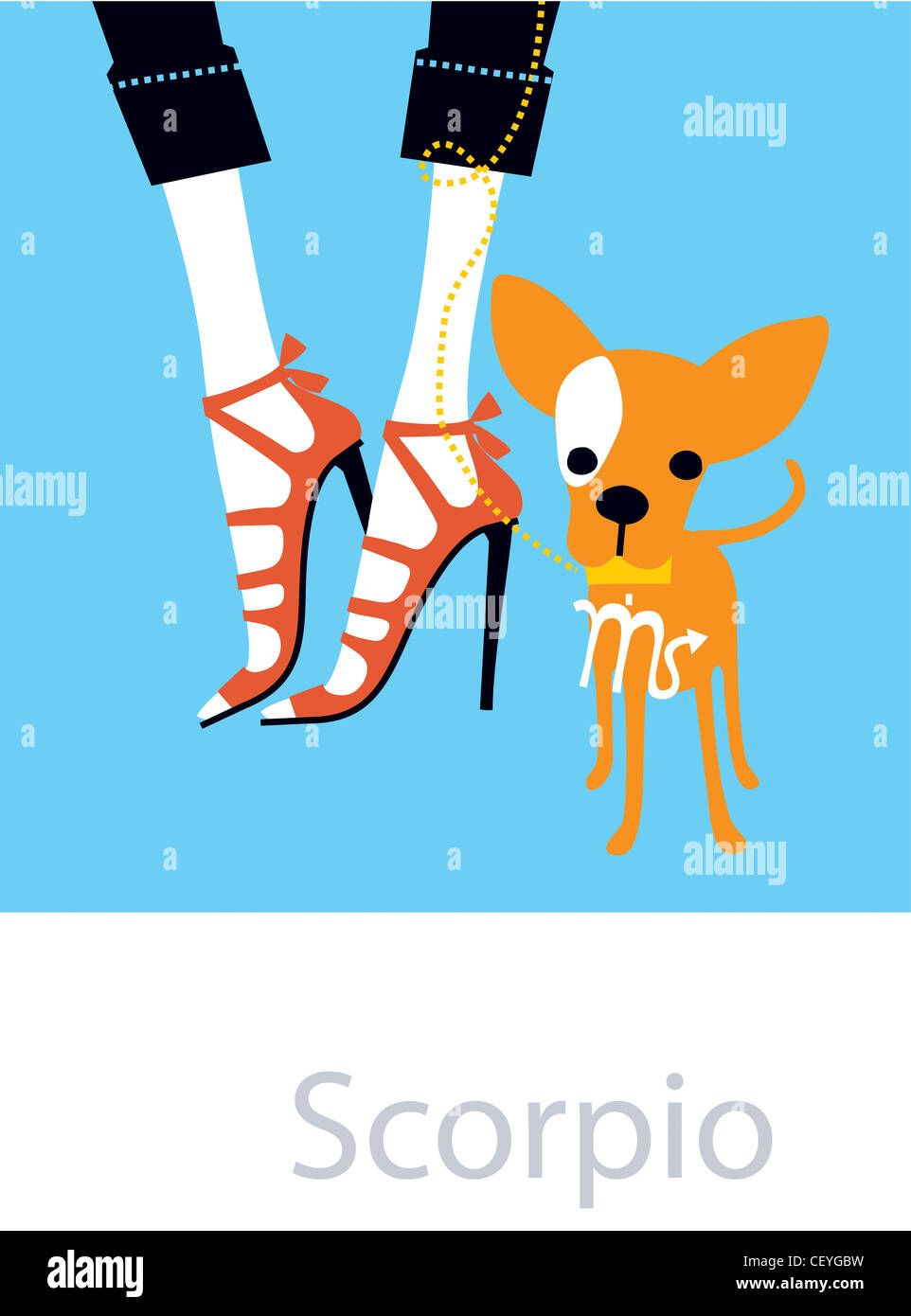 Illustrated star signs Scorpio Female wearing a cut out stiletto sandals and cropped trousers with an orange dog on the lead Stock Photo