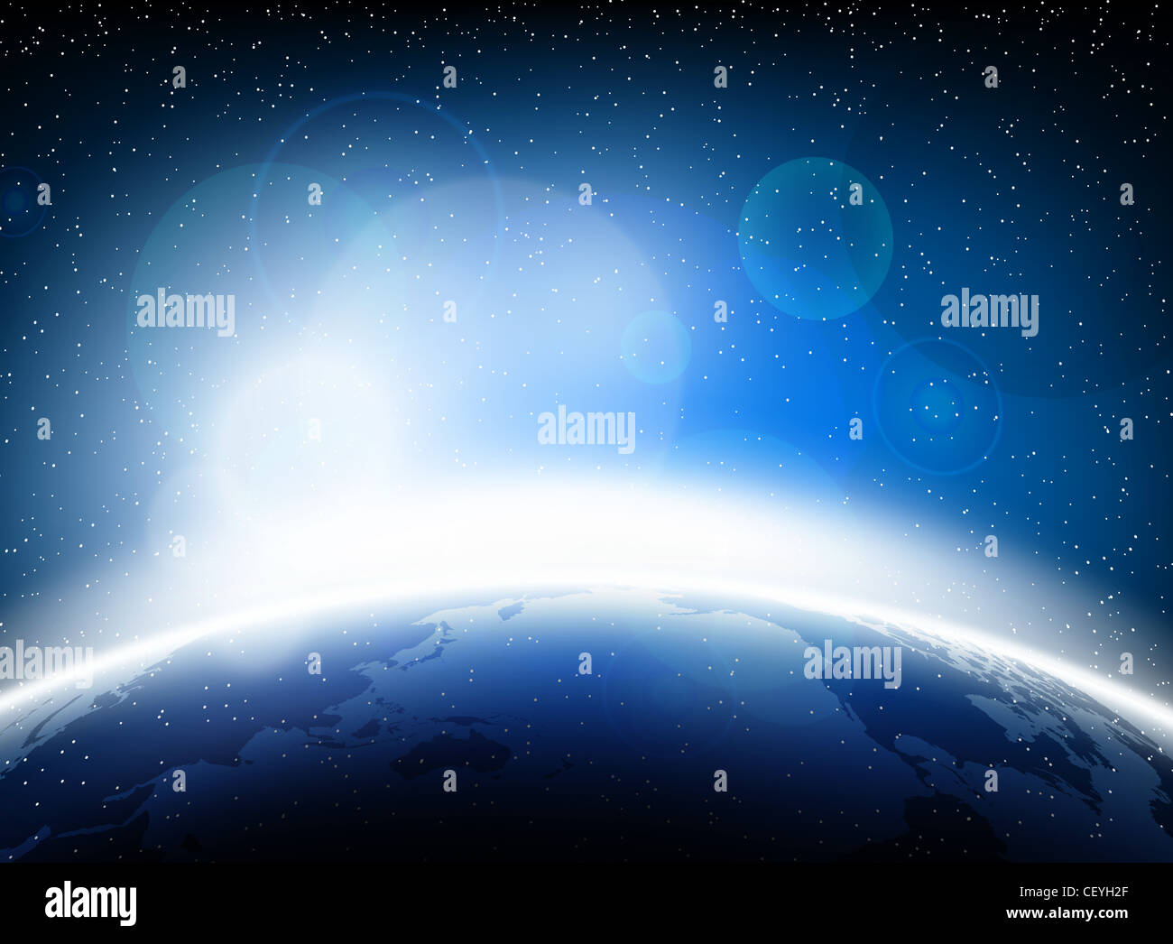 Illustration with Earth in space, light rays and stars Stock Photo