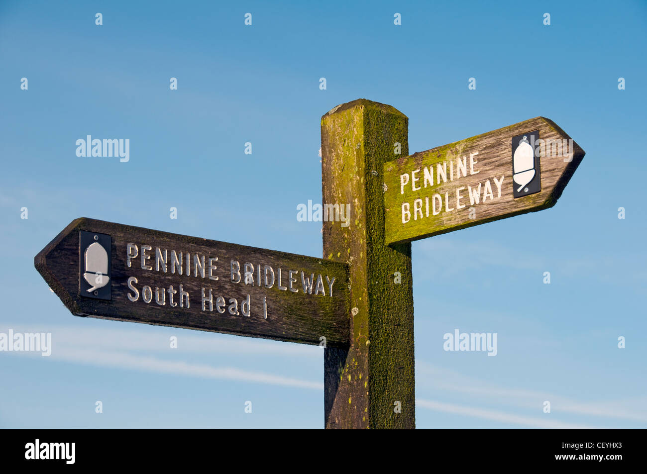 Pennine Bridleway signpost pointing to South Head. Near Chinley Head, Peak District, Derbyshire, England, UK. Stock Photo