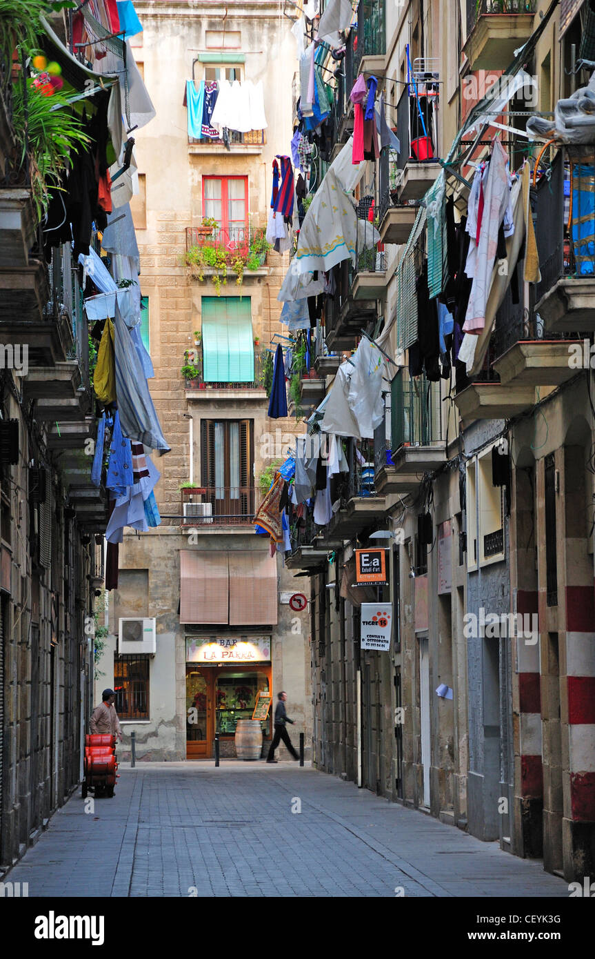 Barcelona, Spain. Carrer del Tigre in the Raval district. Washing hanging out of windows Stock Photo