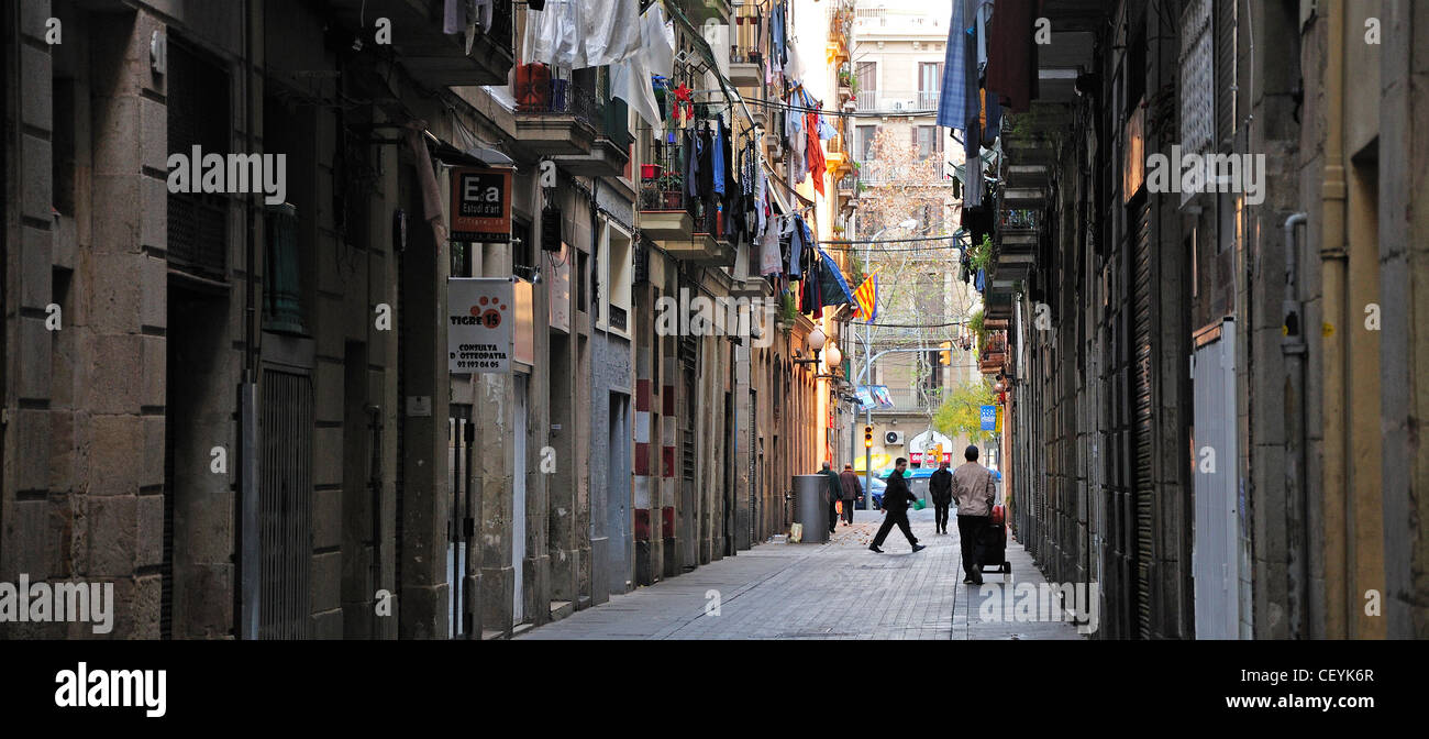 Barcelona, Spain. Carrer del Tigre in the Raval district. Washing hanging out of windows Stock Photo