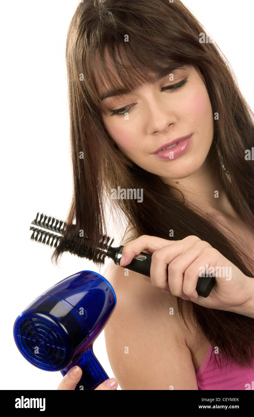 Female Long Straight Brunette Hair Fringe Blowing Drying Hair