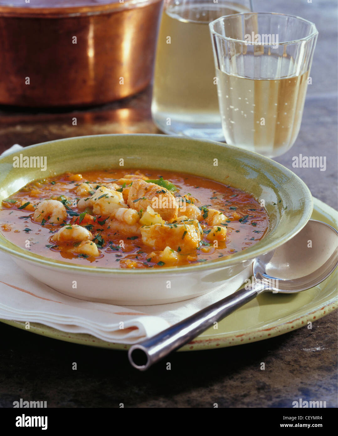 French Menu Fish Soup Prawns Cod Fillet Salmon Fillet Onions Carrot Fennel Celeriac Tomatoes Garlic White Wine Thyme Stock Photo Alamy