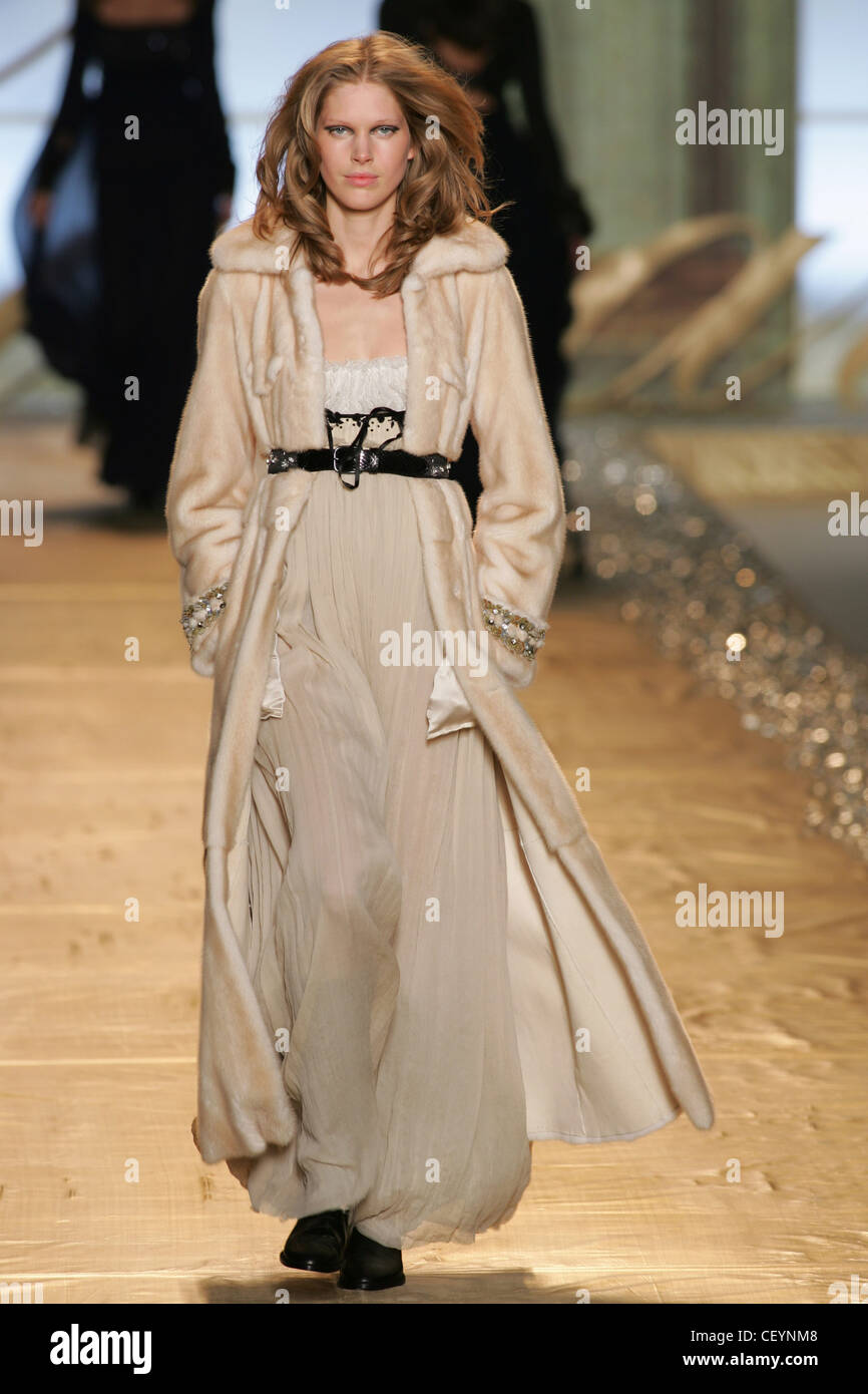 Blumarine Milan Ready to Wear Autumn Winter Long fur coat over scrunched maxi Stock Photo