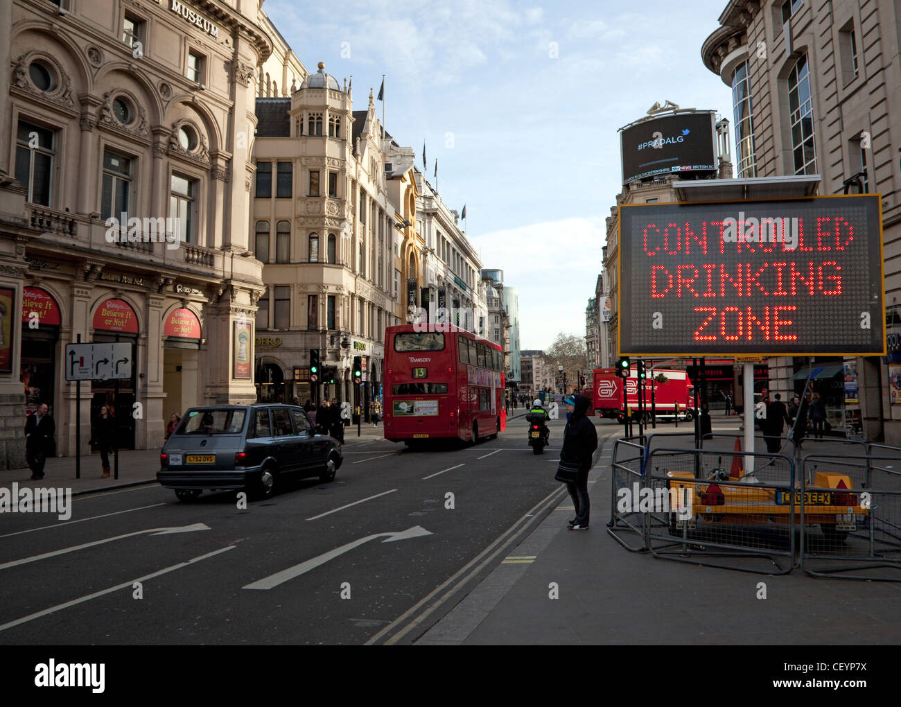 Controlled Drinking Zone sign at Piccadilly Circus, London Stock Photo