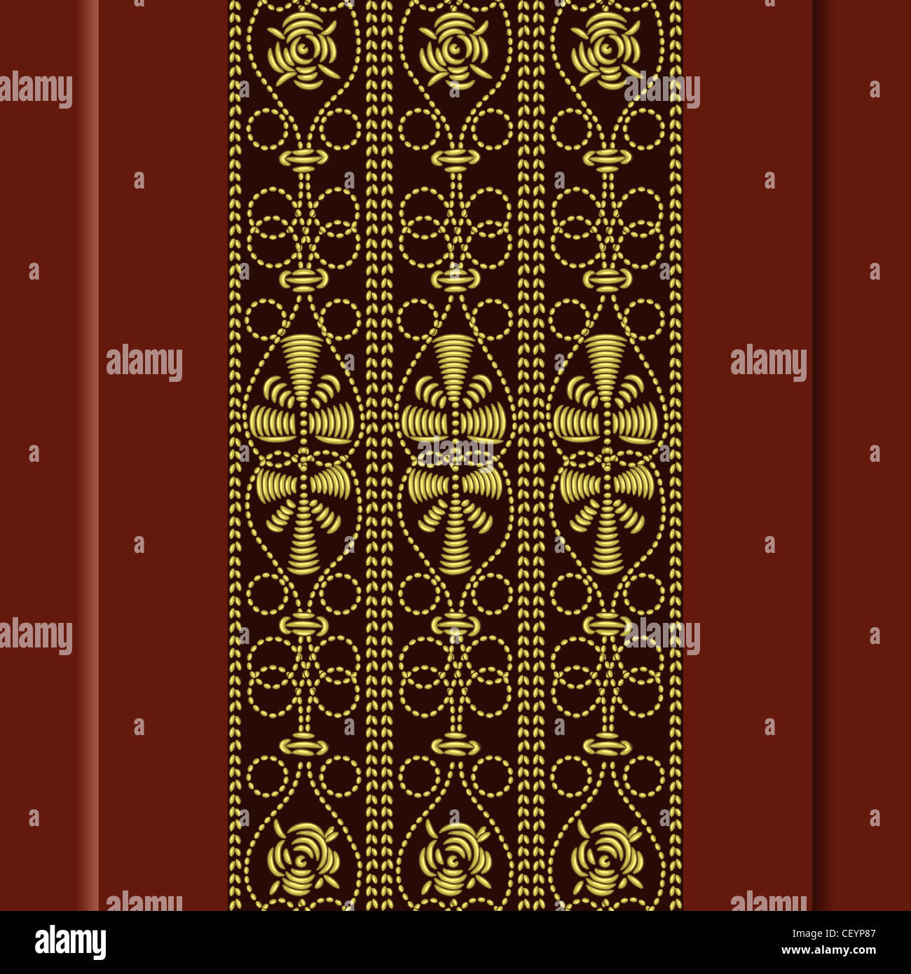 Traditional vintage pattern, gold embroidery: rose, leaves, swirls on a red background Stock Photo