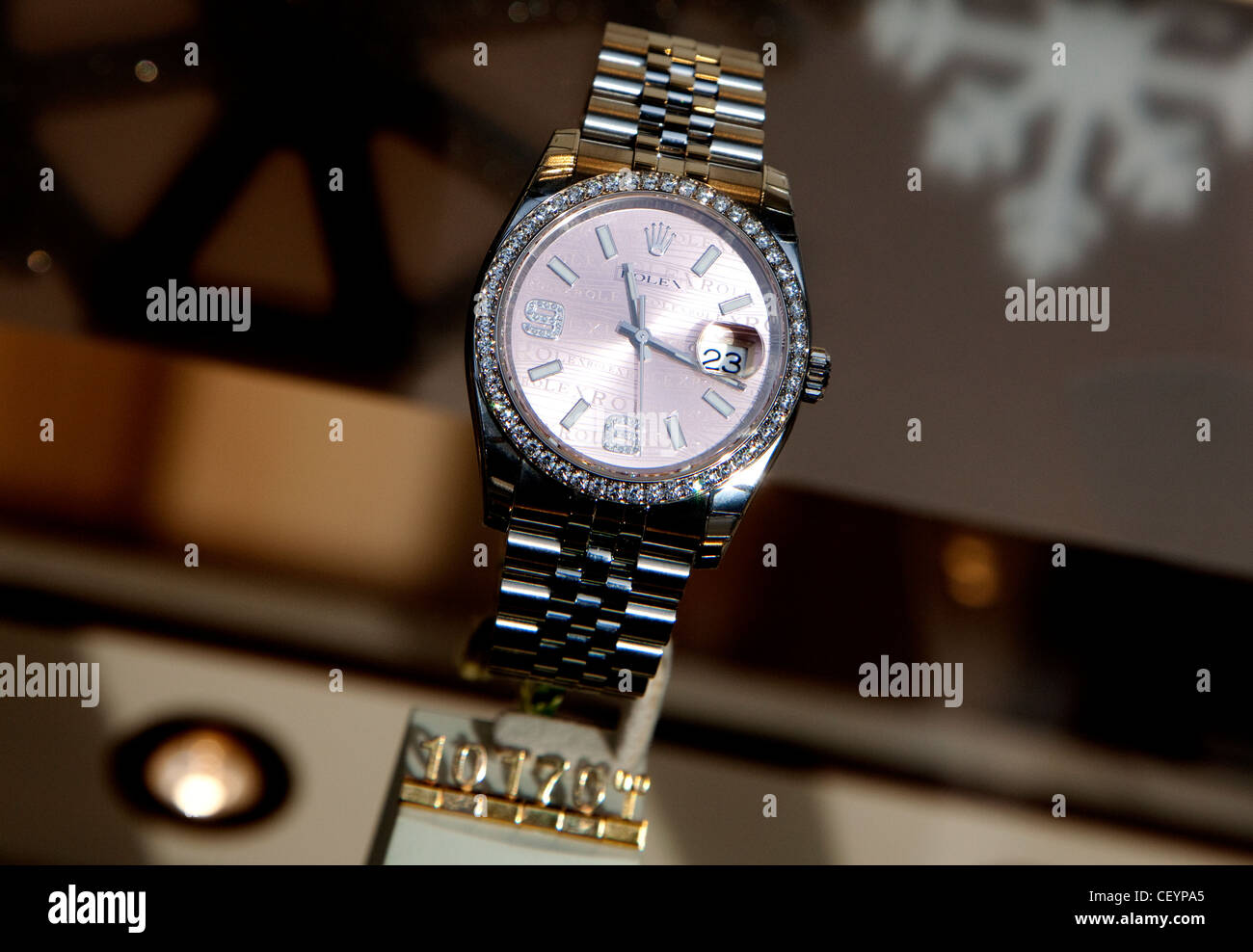 Jewel-encrusted Rolex watch in London shop window Stock Photo