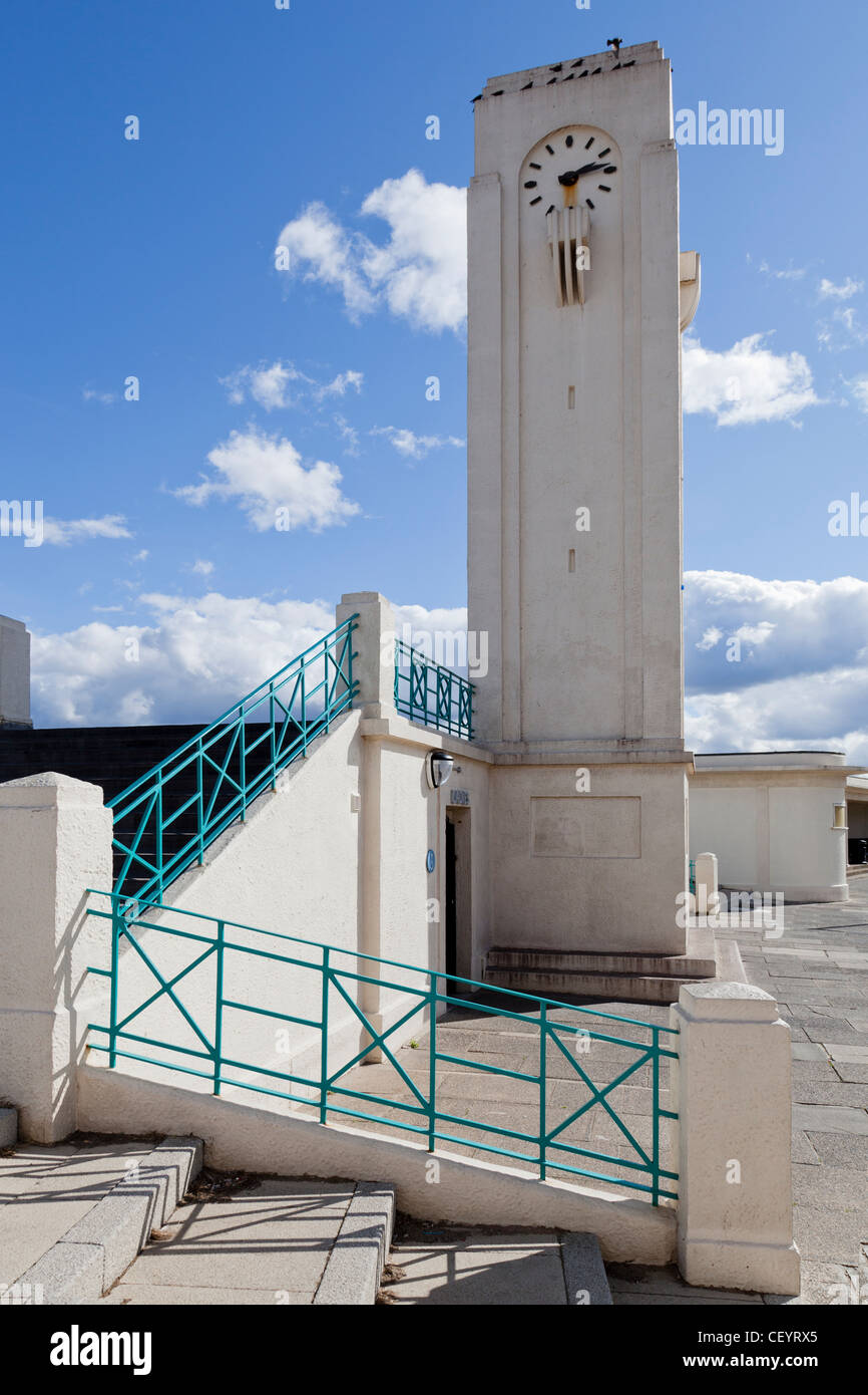 Art deco bus station clock tower Seaton Carew, Hartlepool, UK Stock