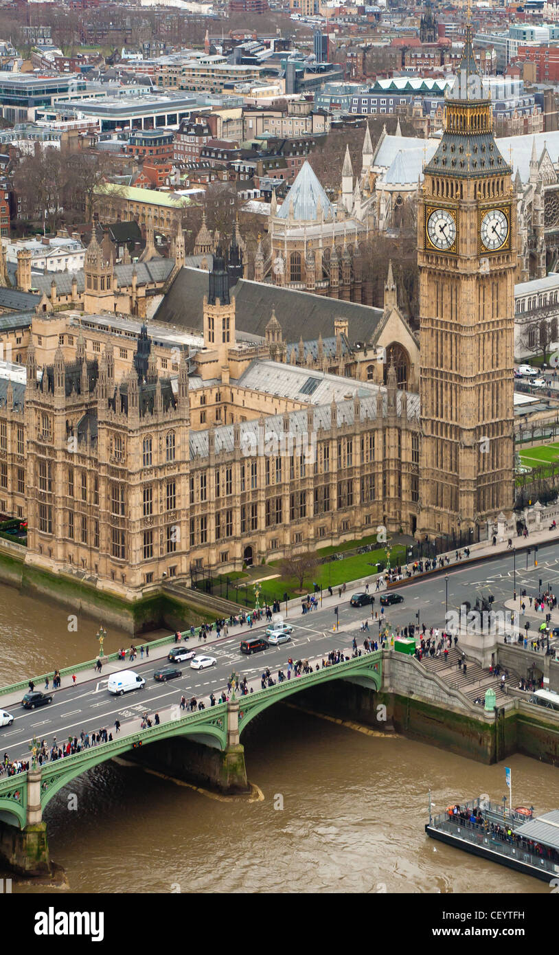 Birds Eye view of Big Ben and the Houses of Parliament from the London Eye Stock Photo