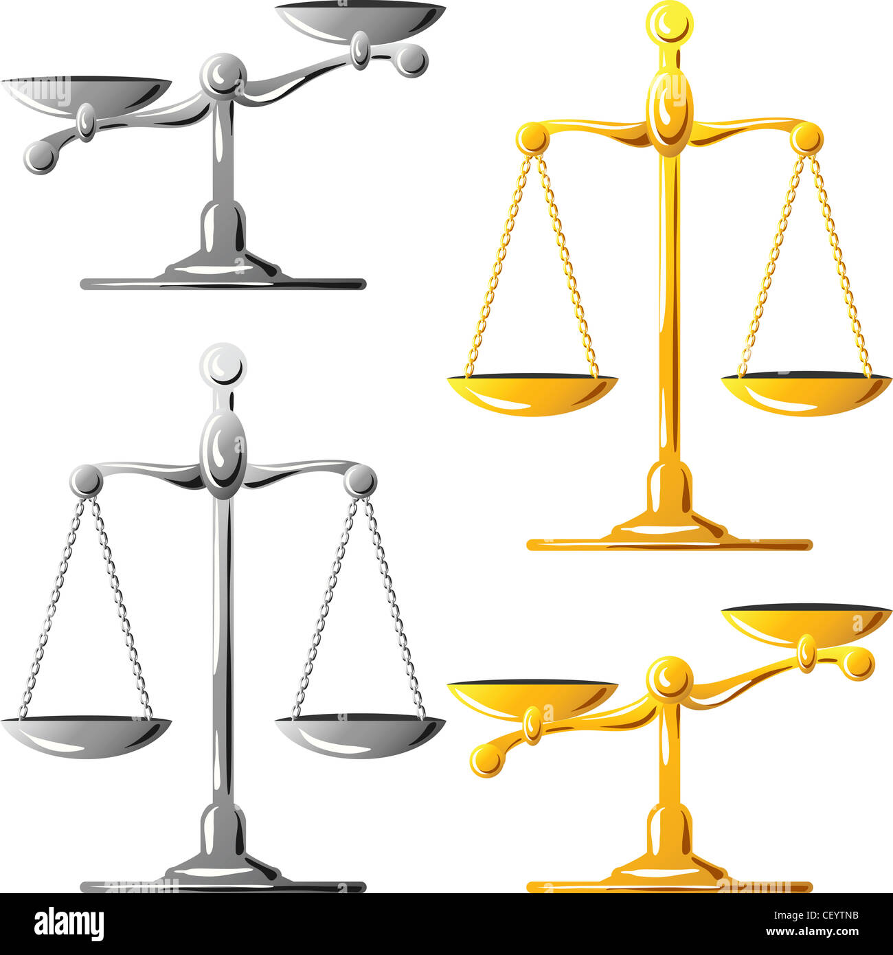 gold and silver scales balanced and unbalanced isolated on white