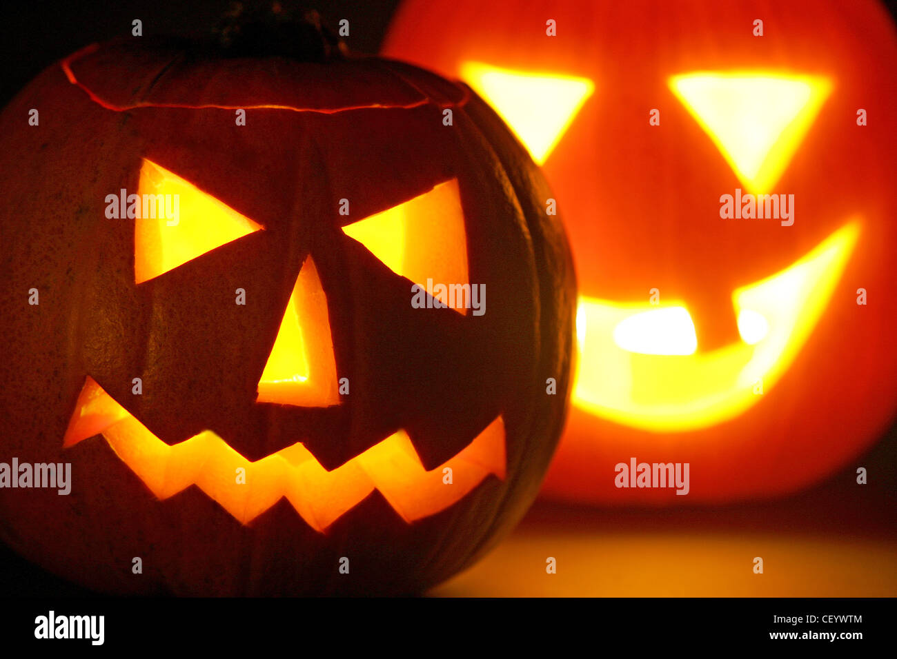 Two carved Halloween pumpkins Stock Photo
