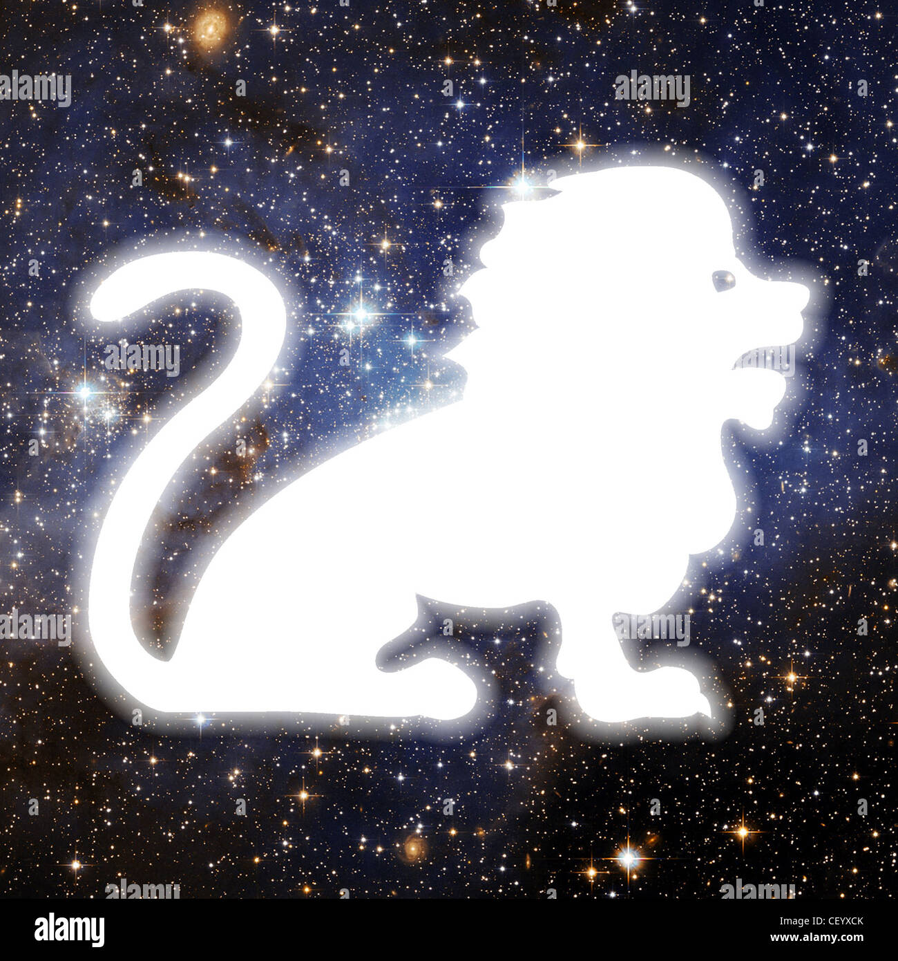 An illustration of a white silhouette of a lion, set against a background of space filled with stars Stock Photo