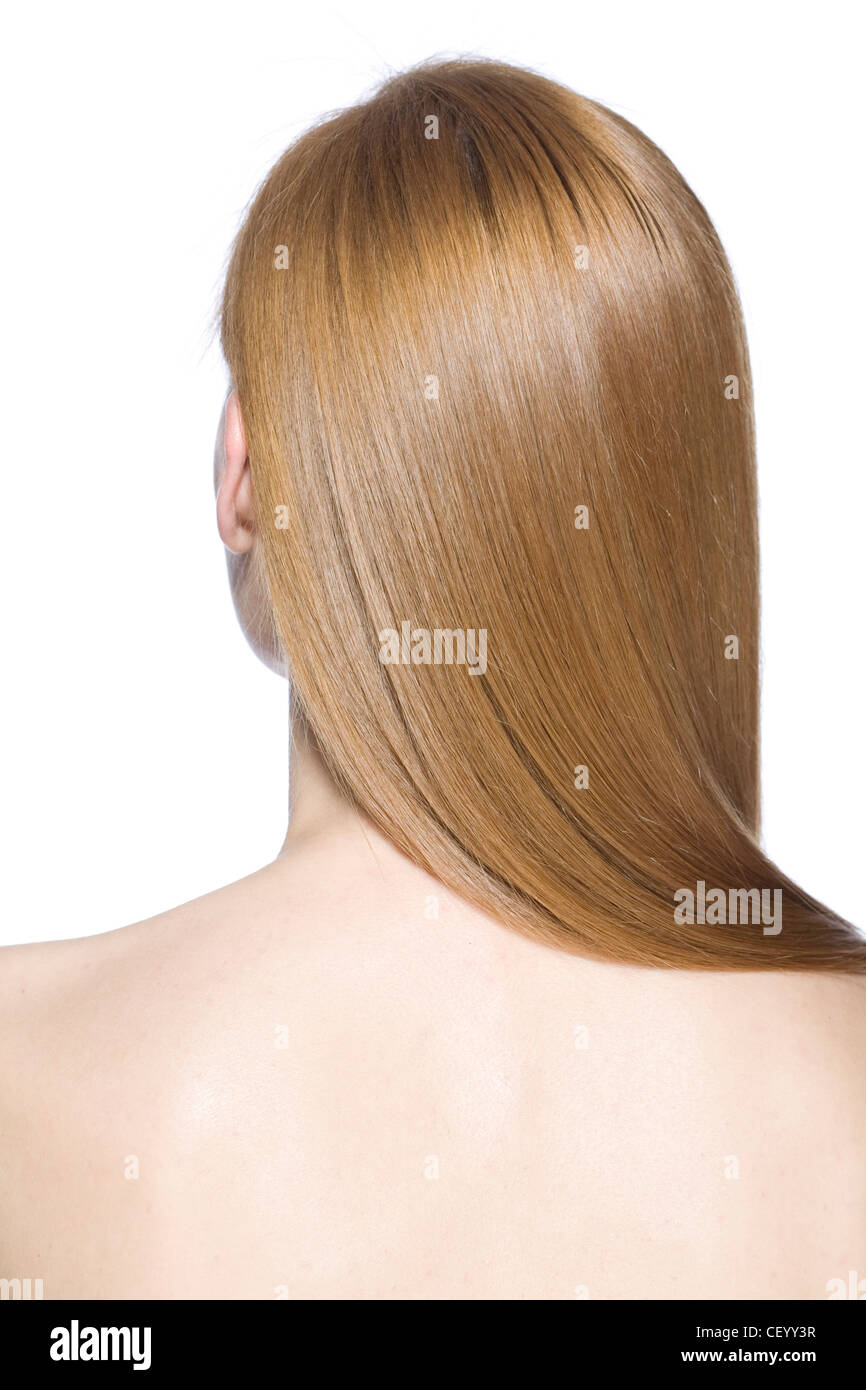 Back View Of Female With Long Straight Fair Hair Hanging Over One