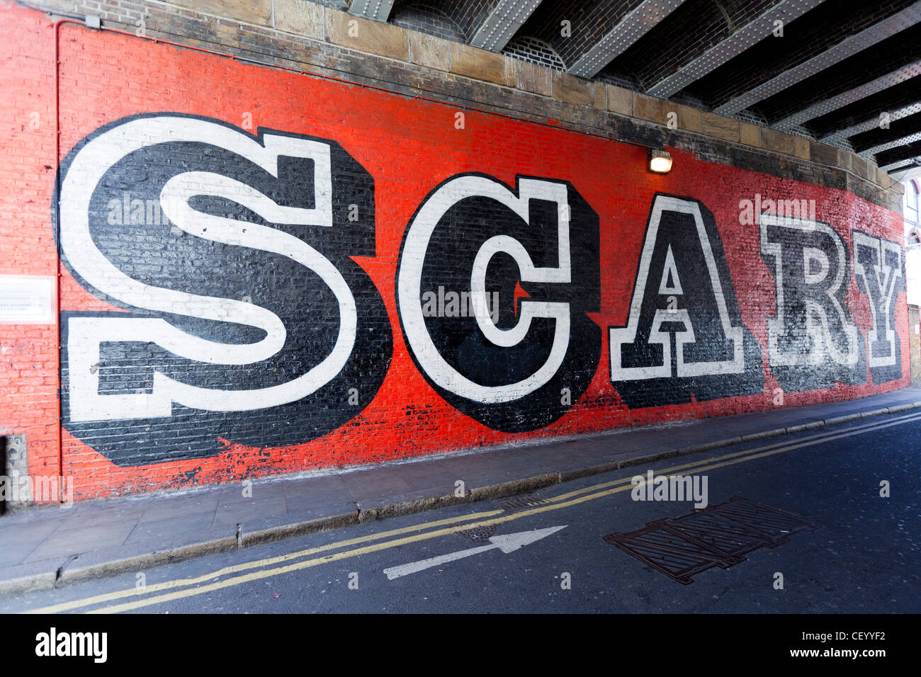 SCARY Street Art by Ben Eine, Rivington Street , Shoreditch, London, England, UK. Stock Photo