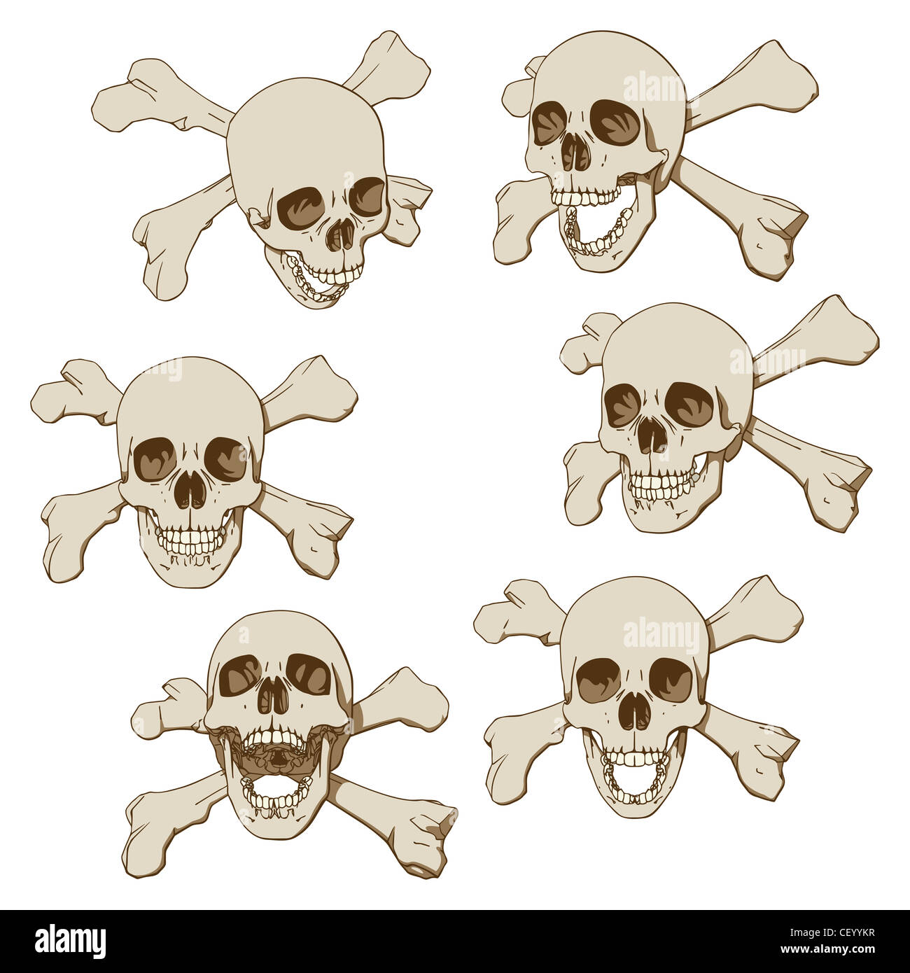 Set of six drawings of human skull Stock Photo
