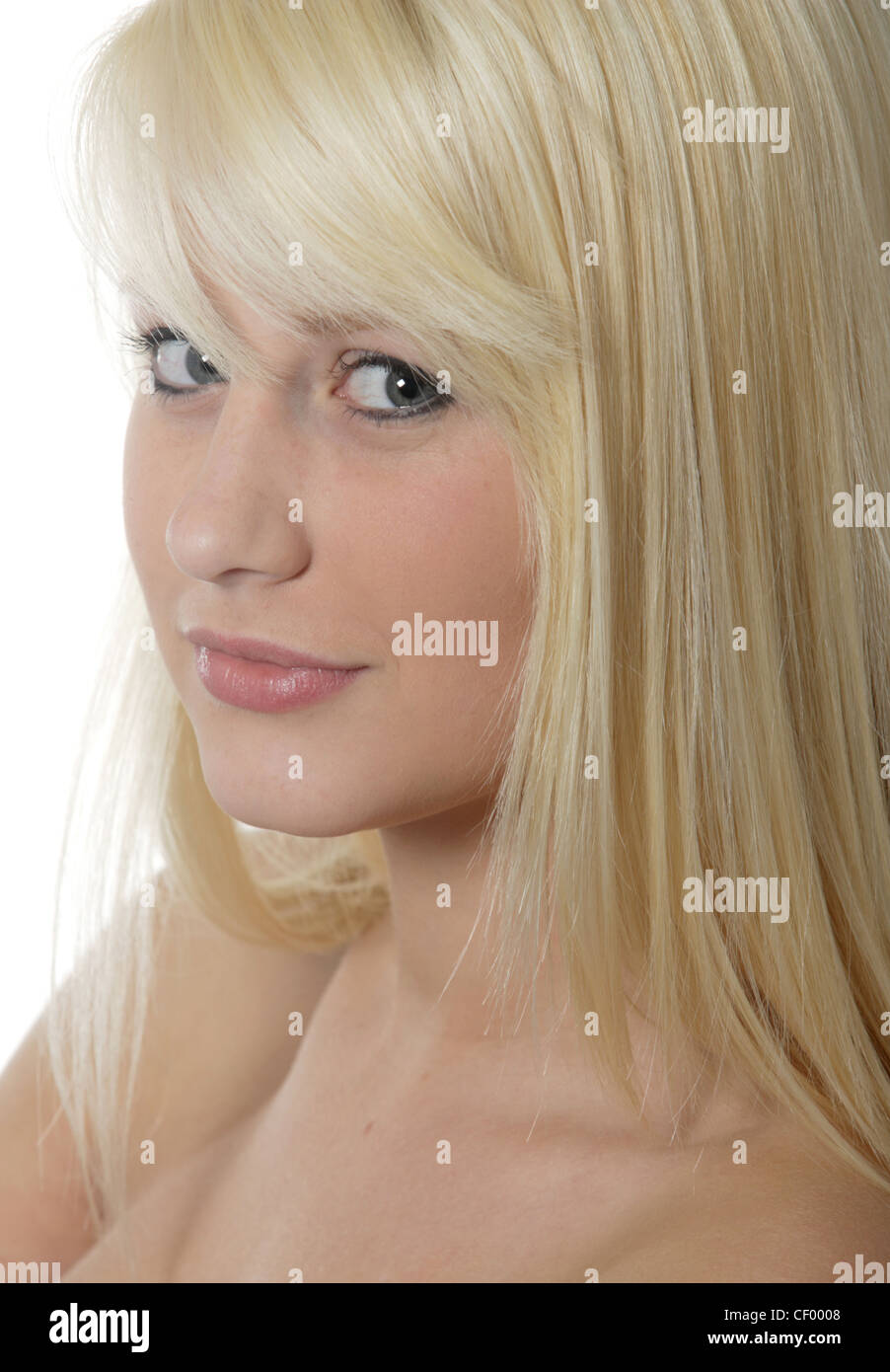 Teenage Girl Long Blonde Hair Blue Grey Eyes Bare Shoulders