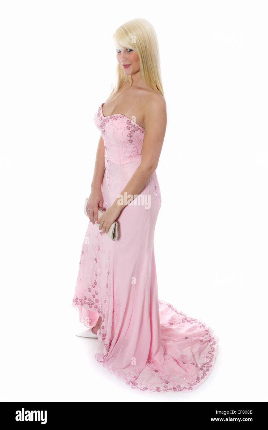 Teenage Girl Long Blonde Hair Blue Grey Eyes In A Pink Dress