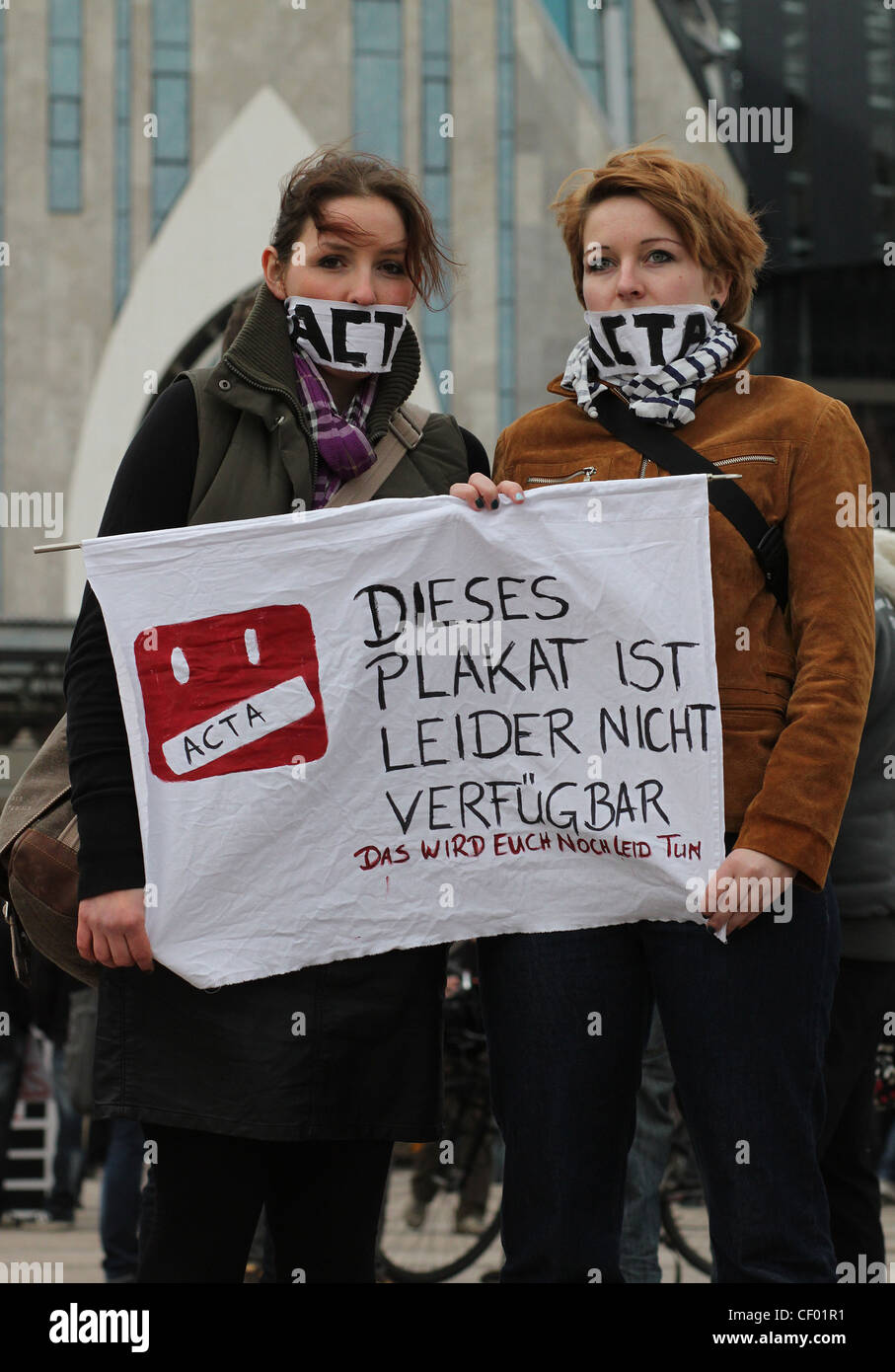 Two German females protesting in the city center of Leipzig against the Anti-Counterfeiting Trade Agreement (ACTA), Germany. Stock Photo