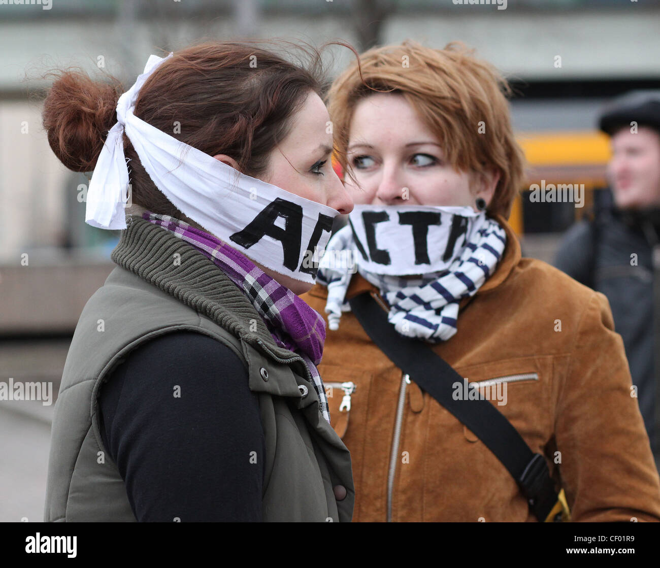 Young women seen during a protest against the Anti-Counterfeiting Trade Agreement (ACTA) in Leipzig, Germany. Stock Photo