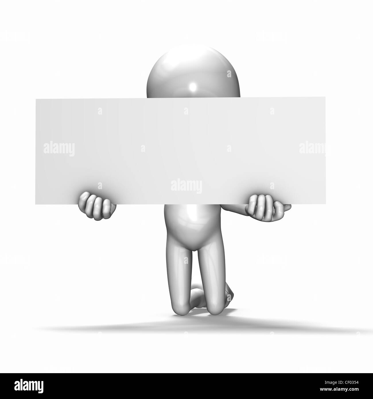 The 3d guy begging on his knees with white card for you to fill. Conceptual Stock Photo