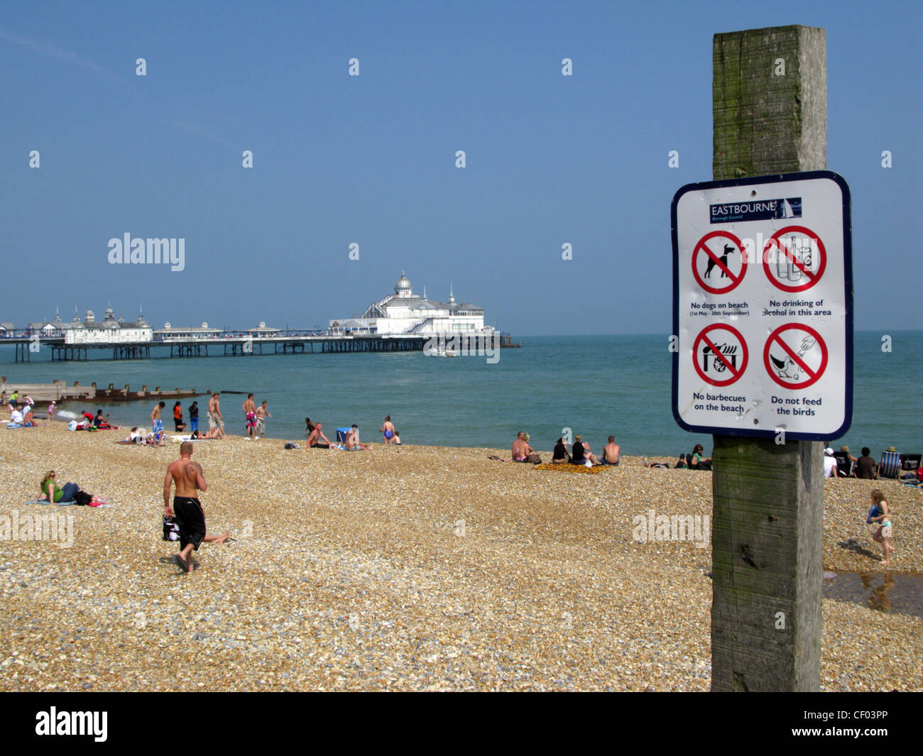 Easbourne beach and pier, East Sussex.  Warning sign - No dogs, No drinking alcohol, no barbeques, do not feed the birds Stock Photo