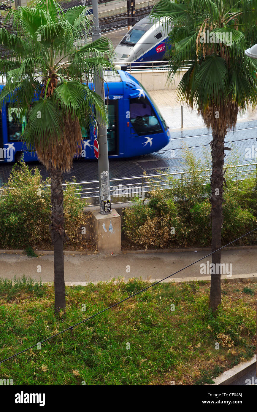 View from hotel room on tramway in Montpellier Stock Photo