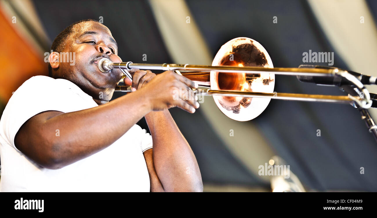 Young Pinstripe Brass Band playing at Jazz Fest on Day 1. Stock Photo