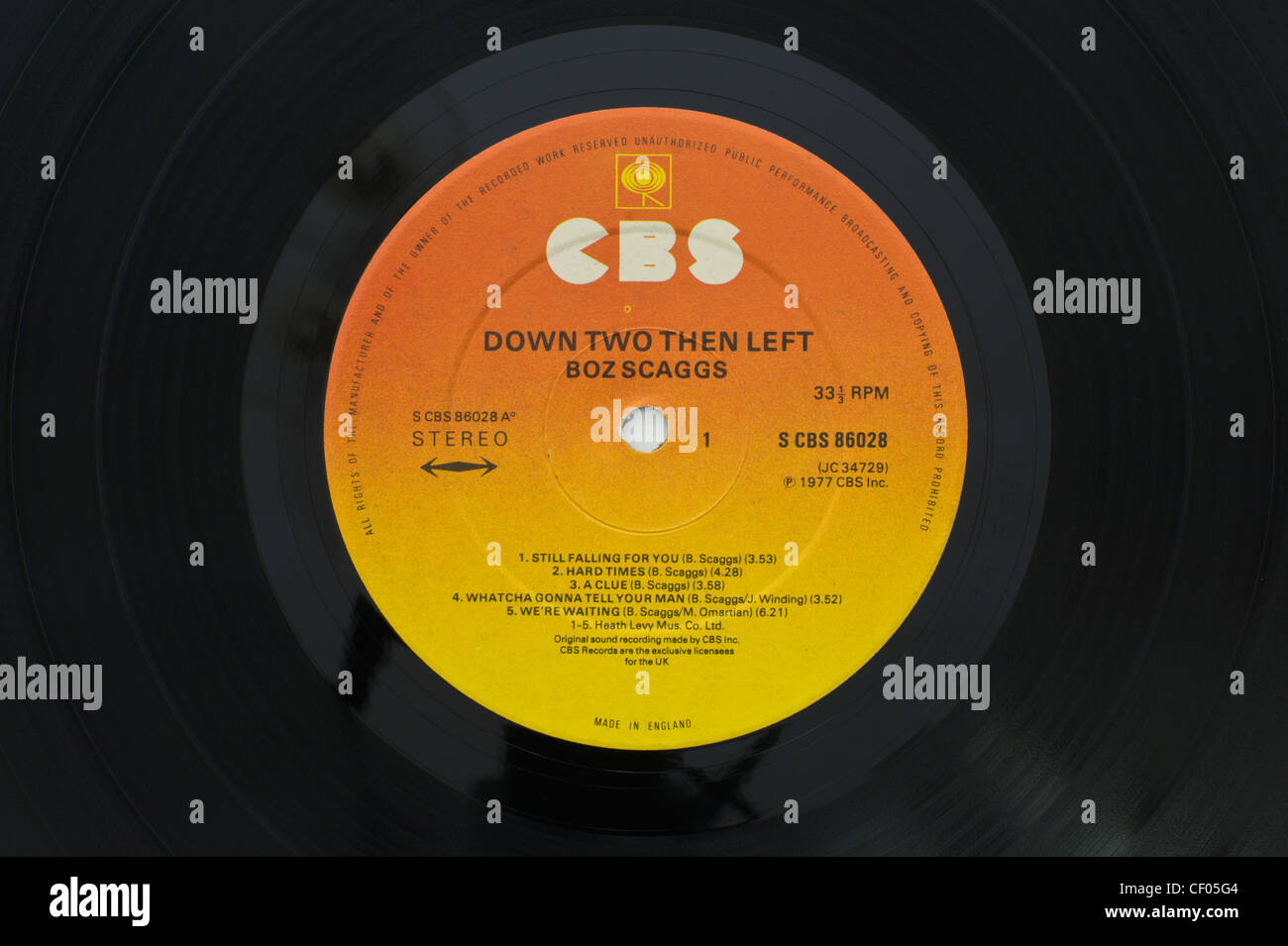 Label of original vinyl record album Down Two Then Left by Boz Scaggs released 1977 on CBS Records Stock Photo