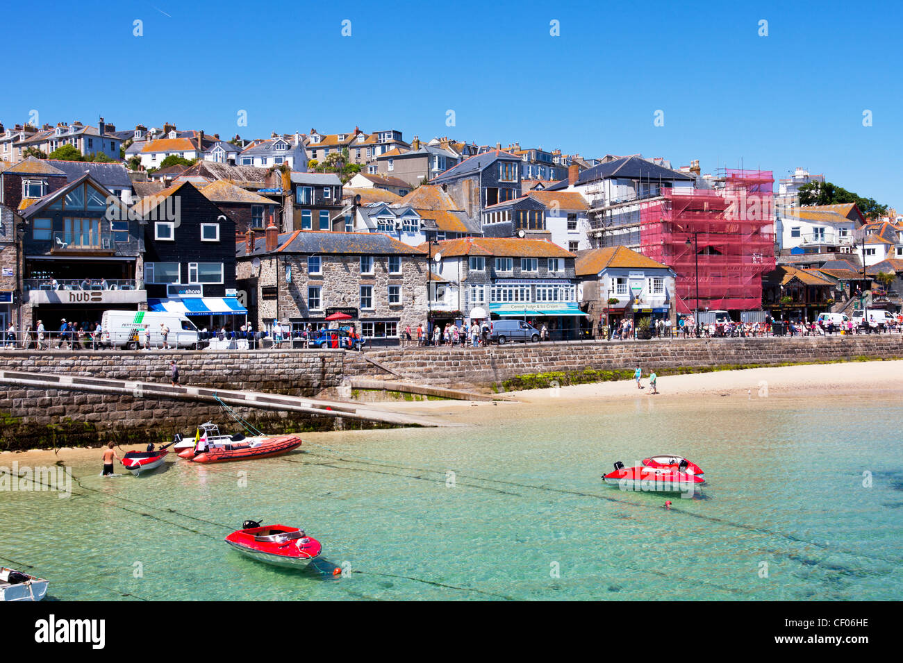 St Ives, Cornwall, England sea coast front bay with boats and shops looking out to sea Stock Photo