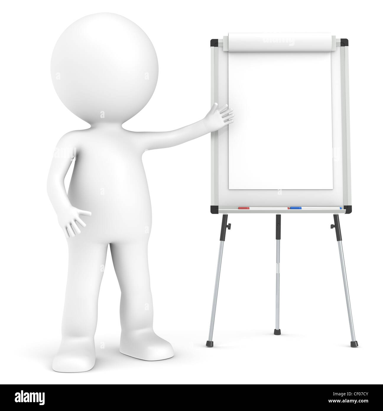 3D little human character with a blank Flip Chart and whiteboard. Stock Photo
