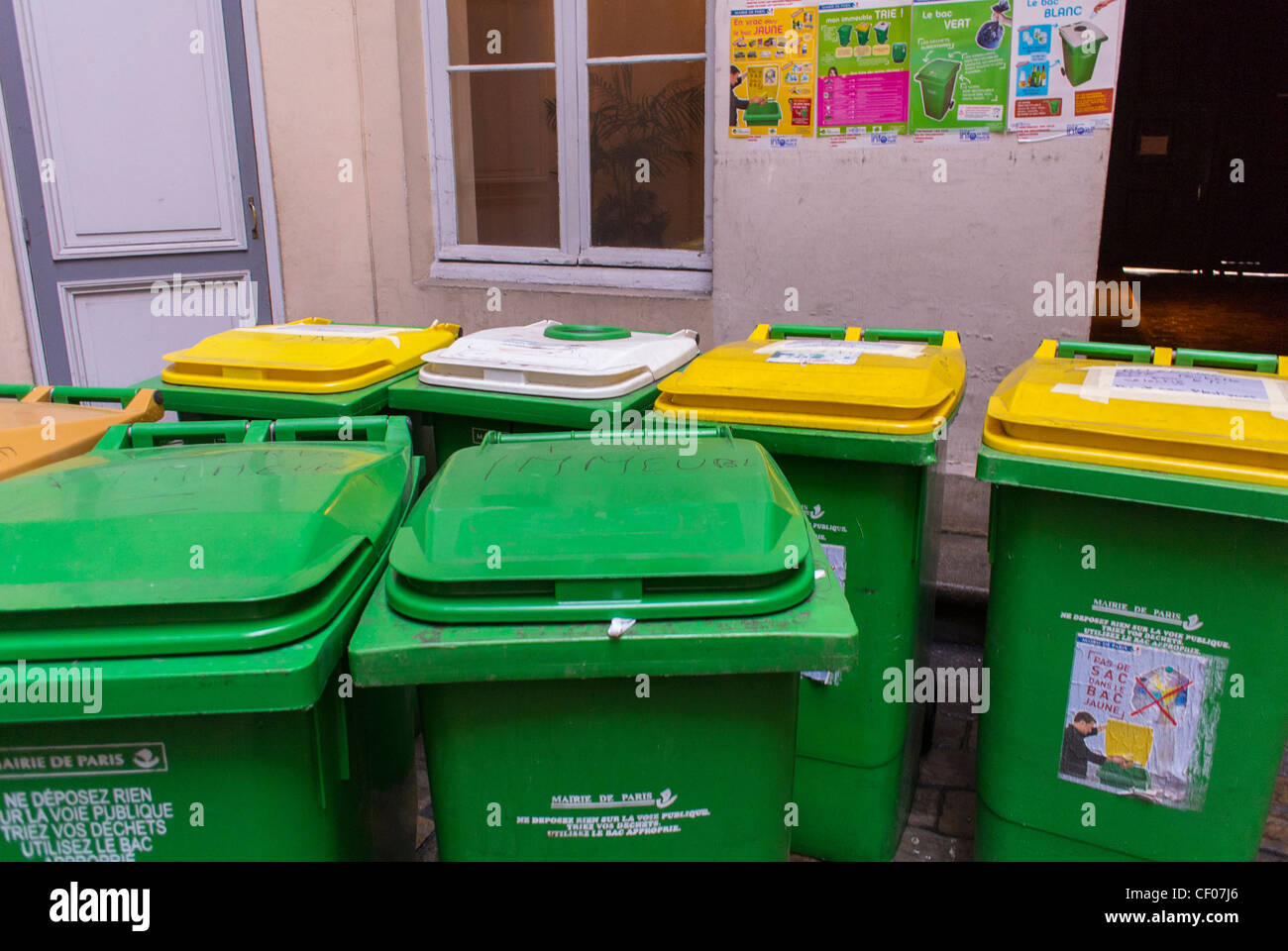 Paris, France, Recycling wheely BIns Outside Apartment Building
