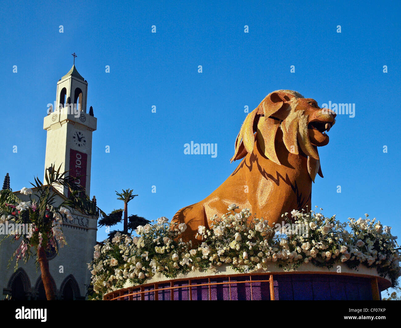 The 2012 Rose Parade float from Loyola Marymount University features their mascot Lion and the Regents Bell Tower. Stock Photo