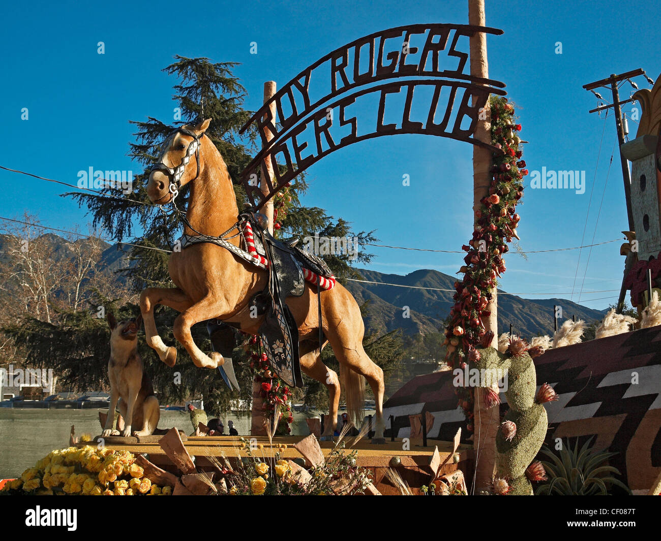 2012 Rose Parade static float display featuring Singing Cowboy Roy Rogers' horse Trigger and dog Bullet. Stock Photo