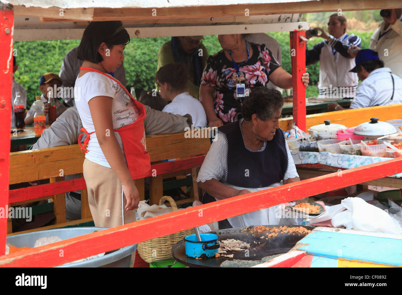 Food Vendor, Xochimilco, Boats, Trajinera, Canals, UNESCO World Heritage Site, Mexico City, Mexico Stock Photo