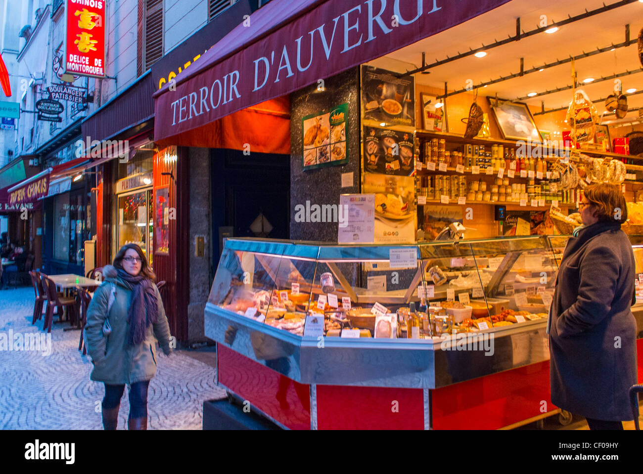 Paris, France, People Shopping in Auvergne Region Grocery Store, Shop Front at Night, in