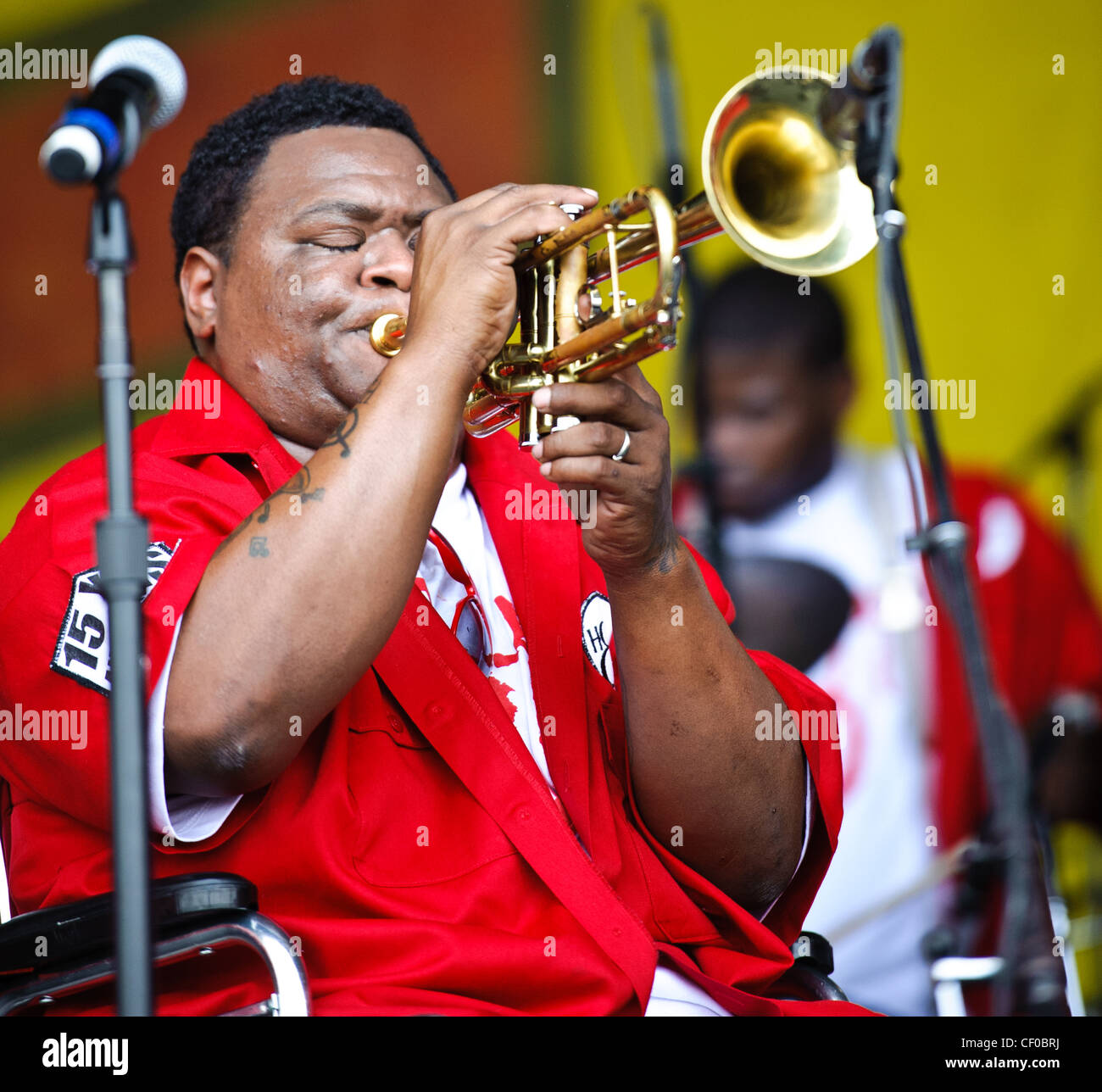 Hot 8 Brass Band playing at Jazz Fest in New Orleans, LA on day 2 Stock