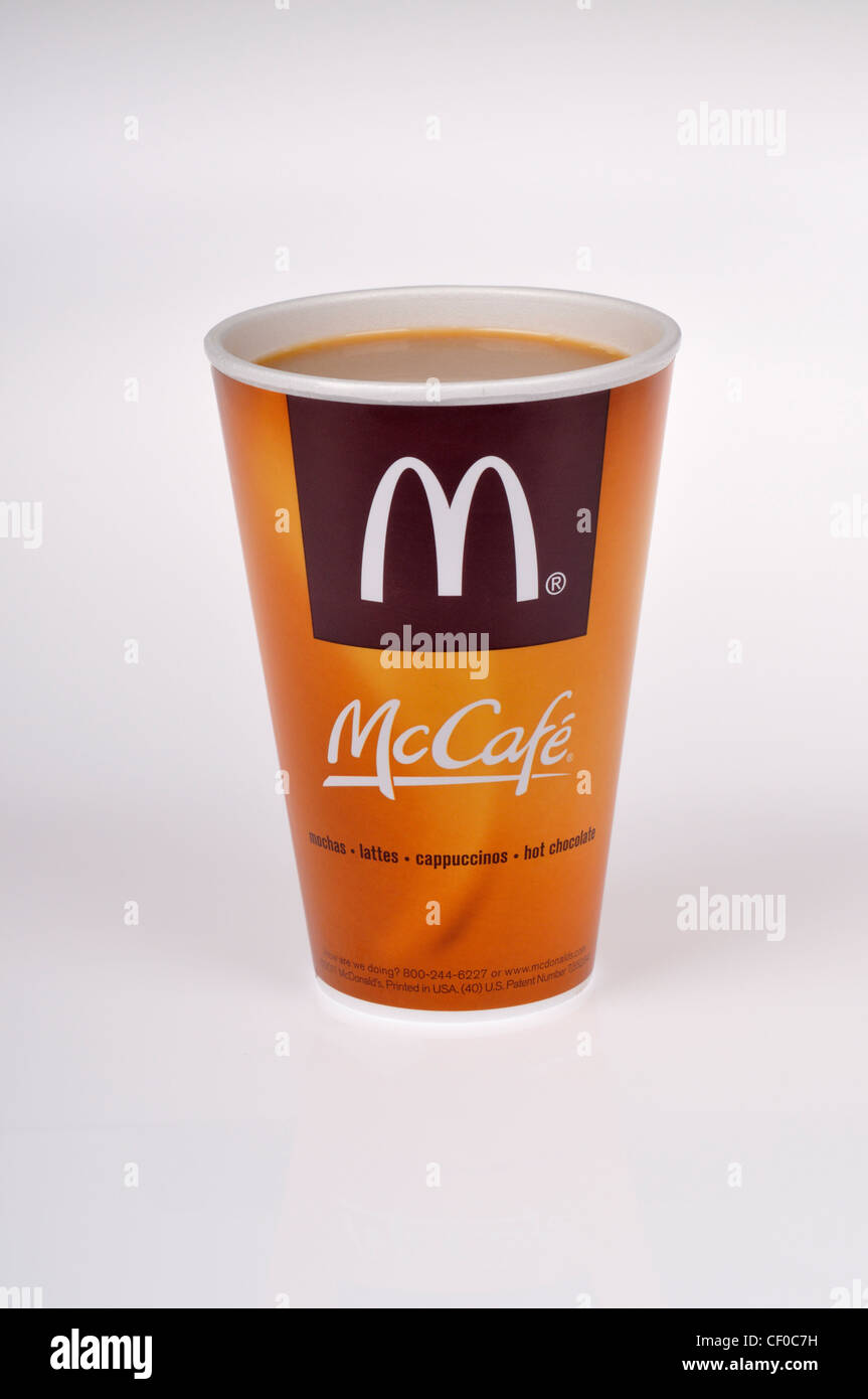 A cup of McDonald's McCafe hot coffee without lid on white background cutout. USA Stock Photo