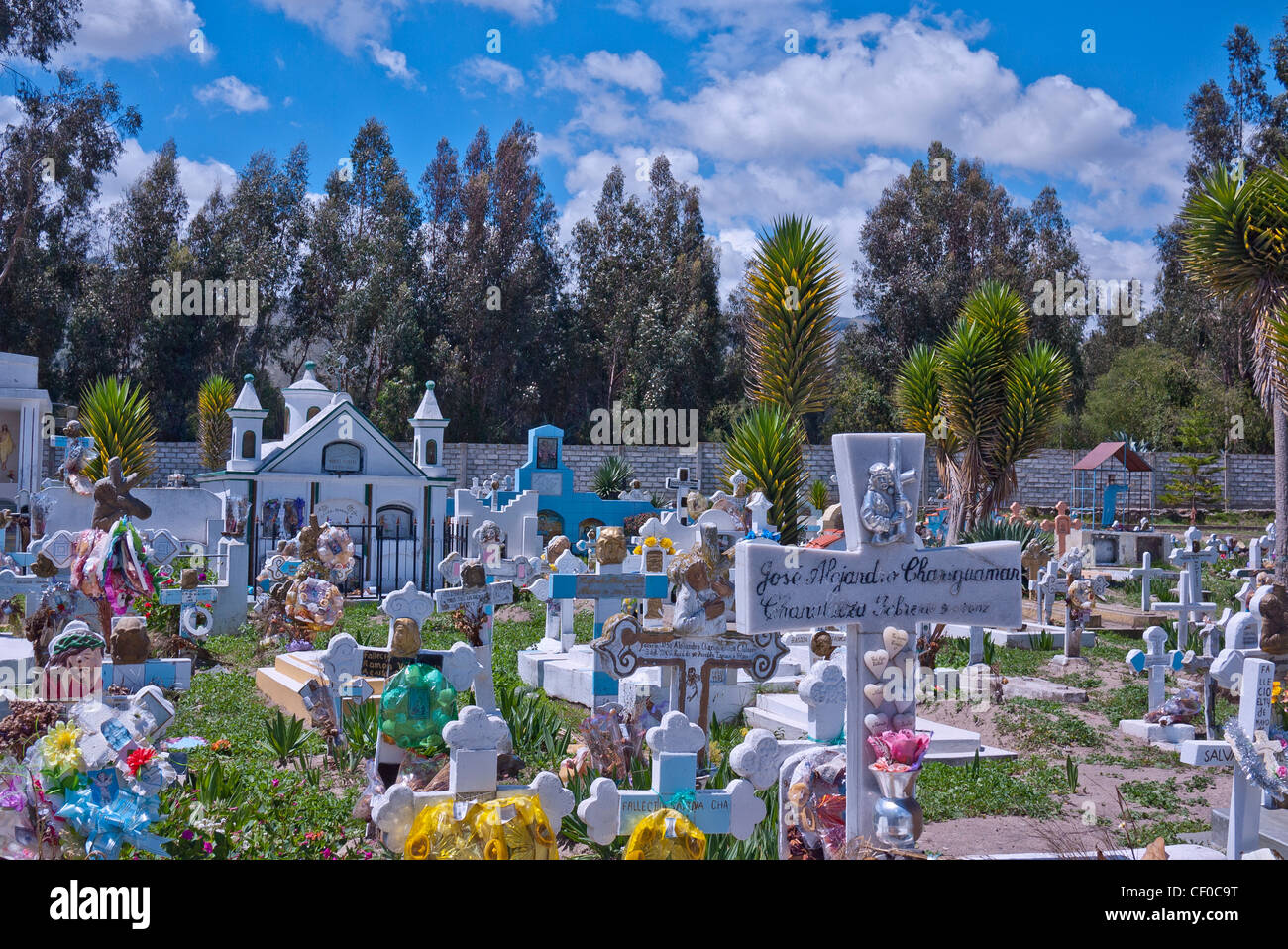 A traditional Ecuadorian cemetery located on the Quilotoa Loop in the Andes Mountains of Ecuador. Stock Photo