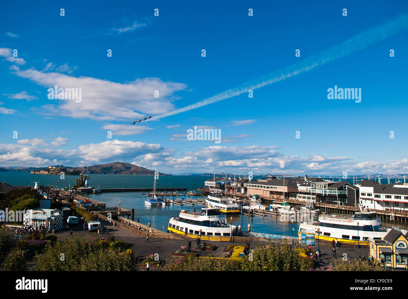 U.S. Navy Blue Angels streak over Pier 39, San Francisco, California, USA Stock Photo