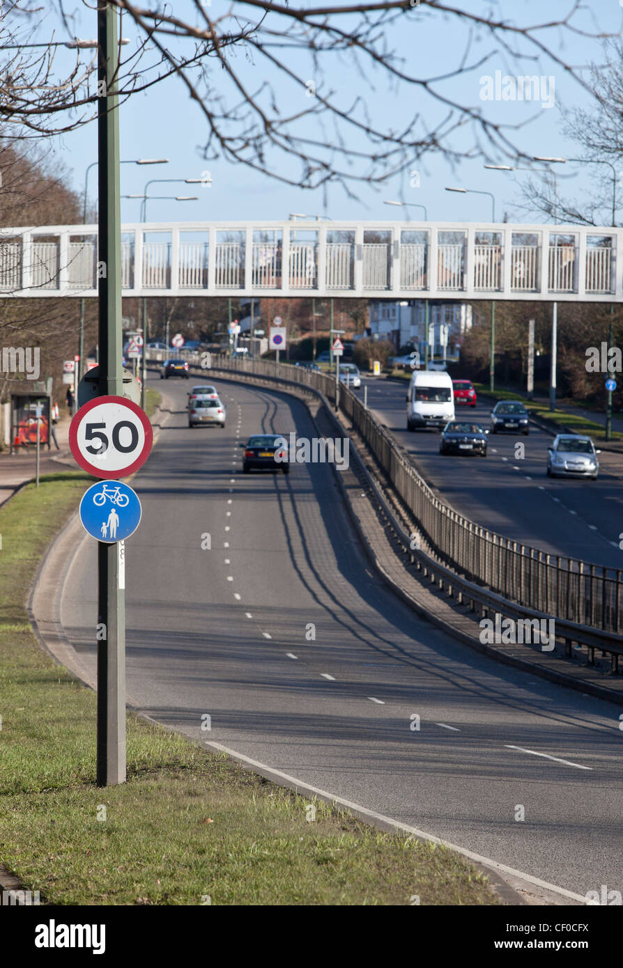 A stretch of the Edgware Way dual carriageway with a 50 mph speed limit on the roadside, Barnet, London, England, UK. Stock Photo