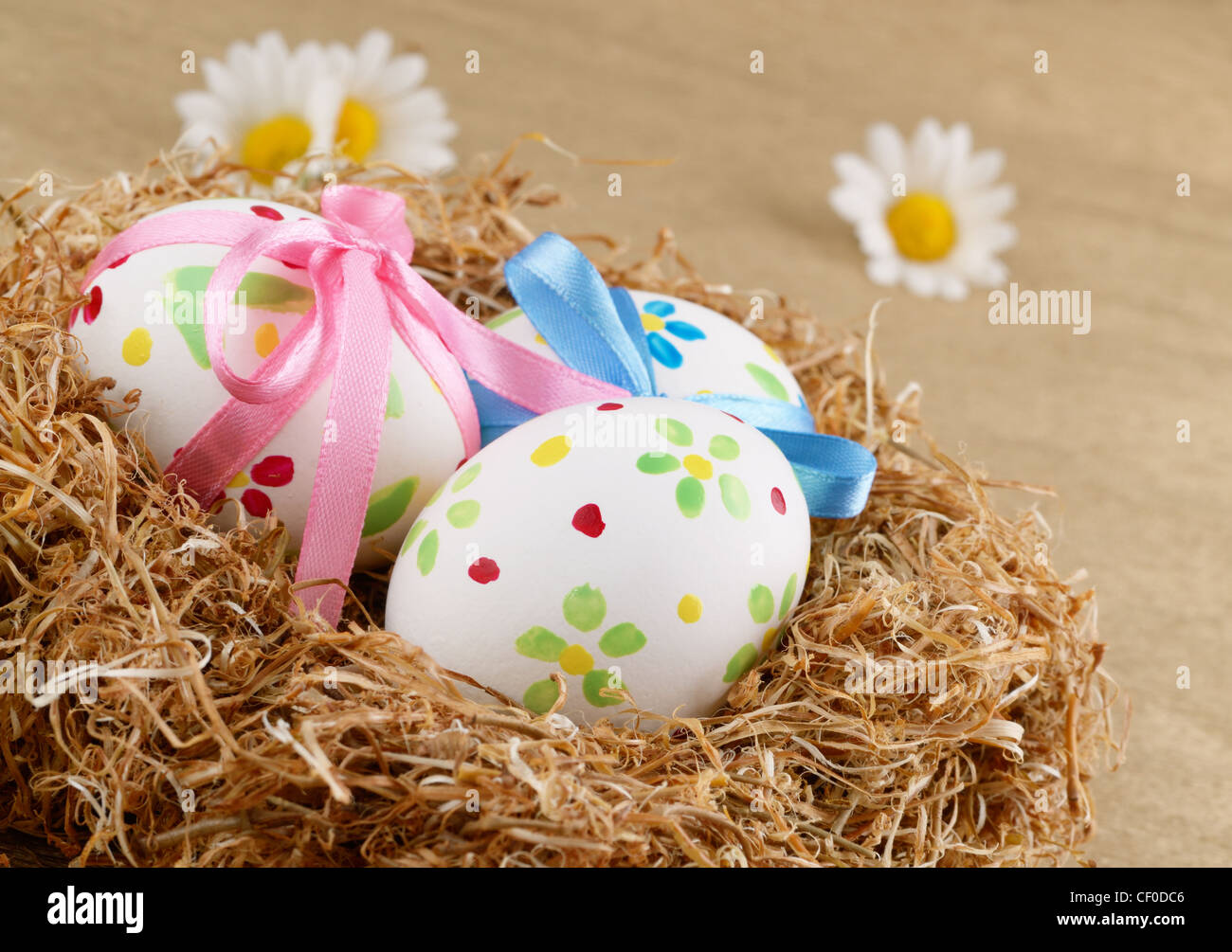 Easter eggs with bows in the nest over gold background Stock Photo - Alamy