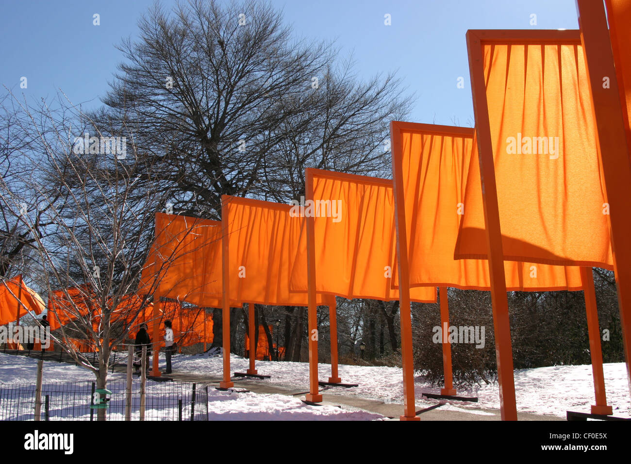 Saffron coloured gates .  Christo and Jeanne-Claude exhibition Central Park, New York Stock Photo