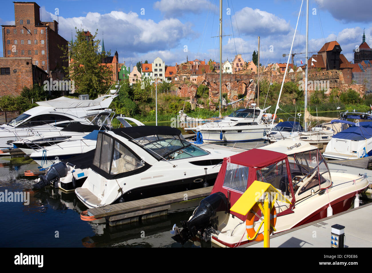 Motorboats and sailboats at the marina in the city of Gdansk in Poland Stock Photo