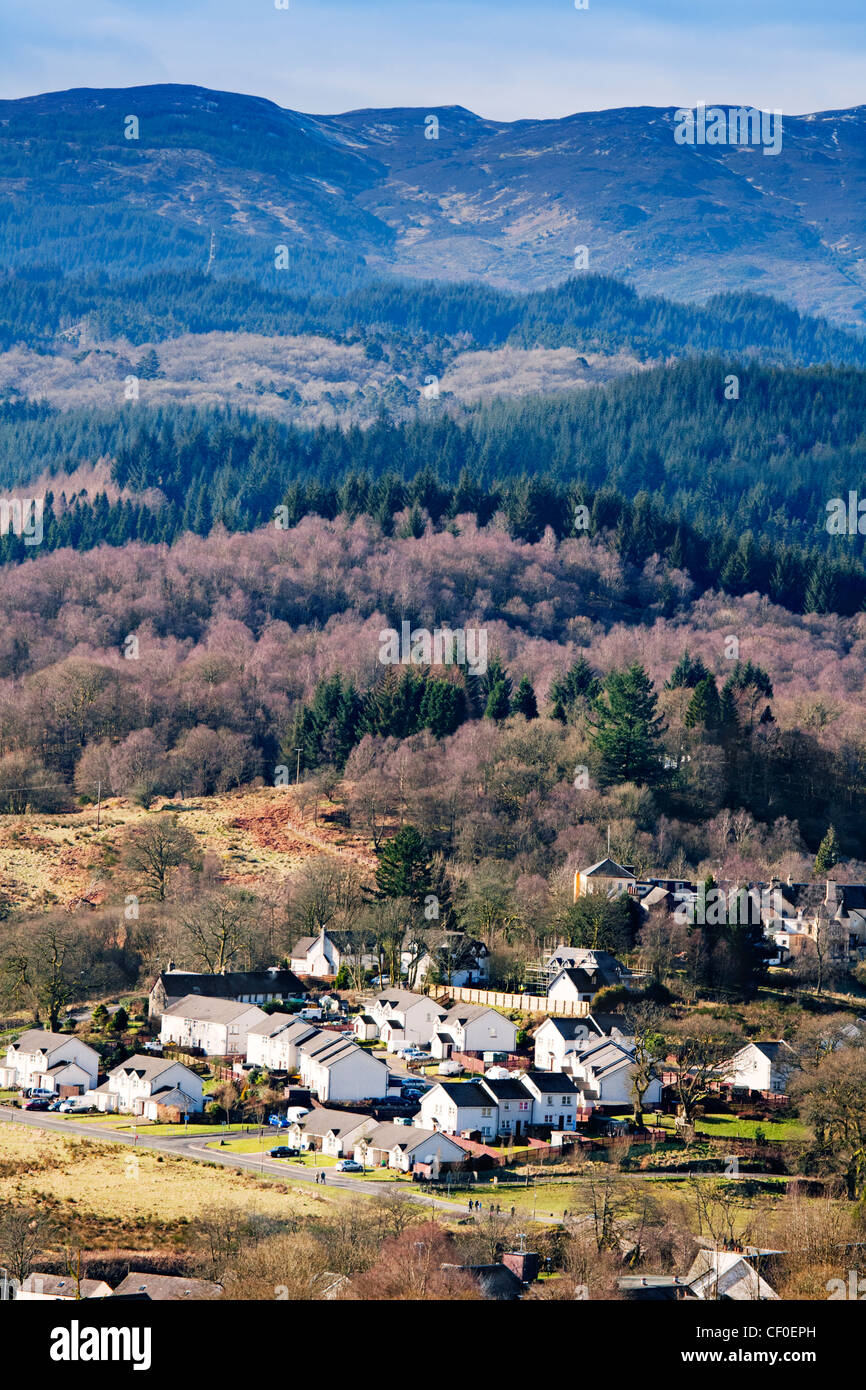 View over Aberfoyle and the surrounding countryside of the Trossachs, Stirlingshire, Scotland. Stock Photo