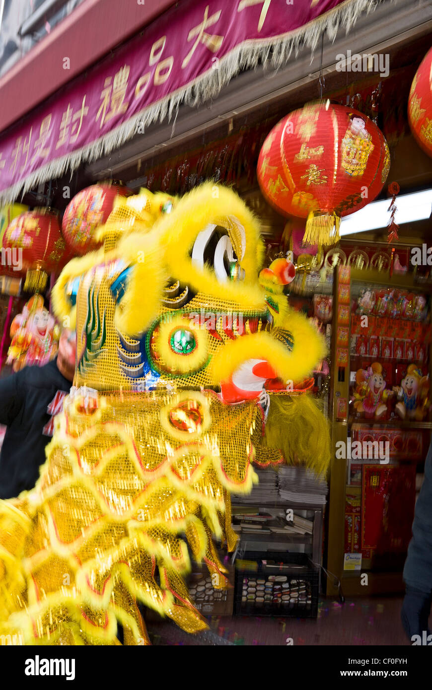 Chinese New Year celebration Chinatown New York City dragon dance lion dance Stock Photo