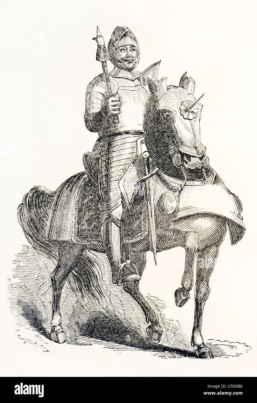 Engraving of medieval English knight on war horse from knight's pictorial museum of animated nature, published 1844 Stock Photo