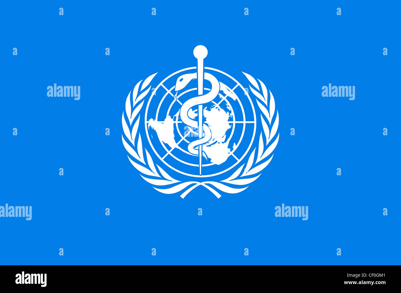 Flag with the logo of the World Health Organization WHO with seat in Geneva. Stock Photo