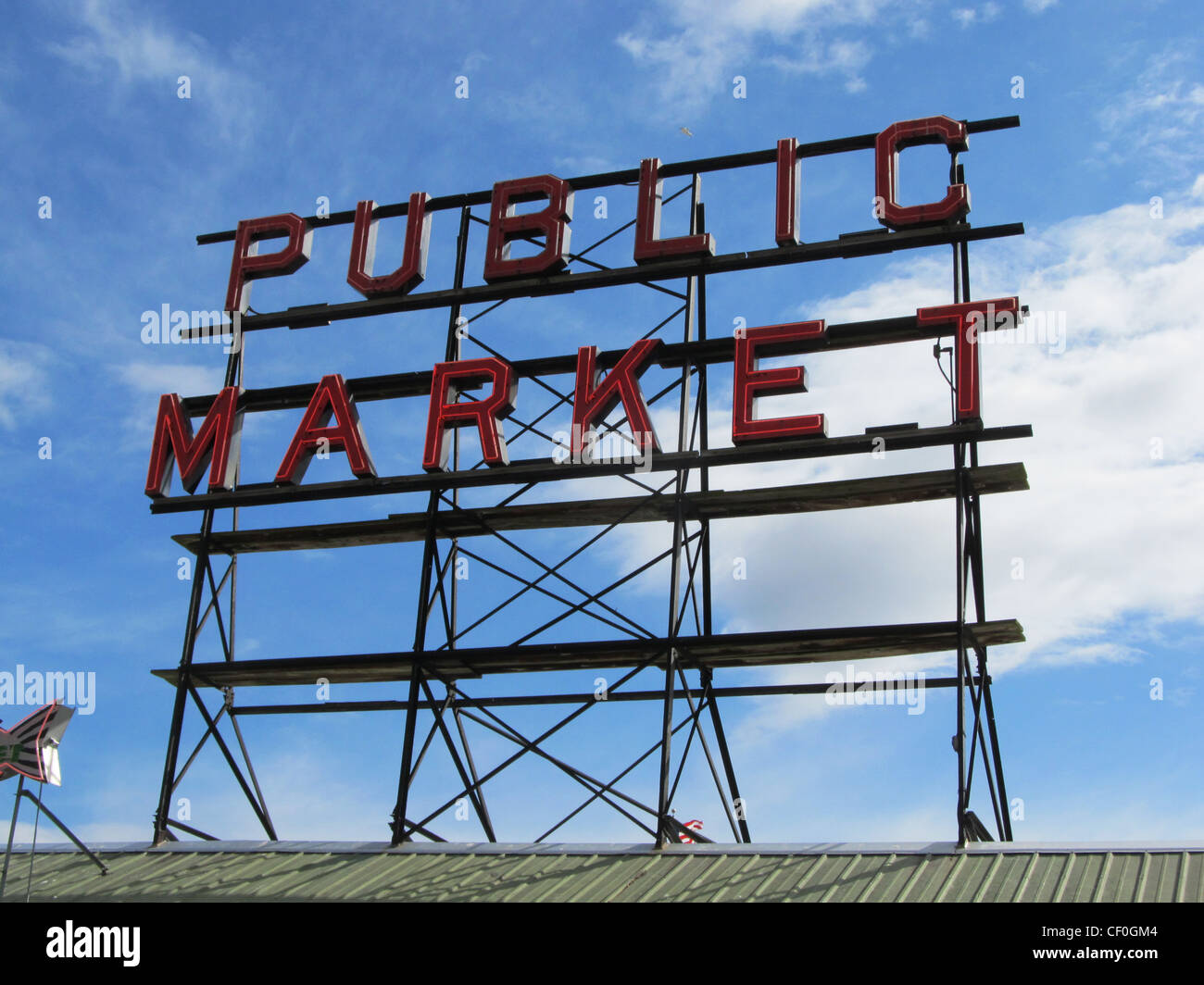 Sign for Pike Place Market, Seattle Washington with blue sky background. Stock Photo
